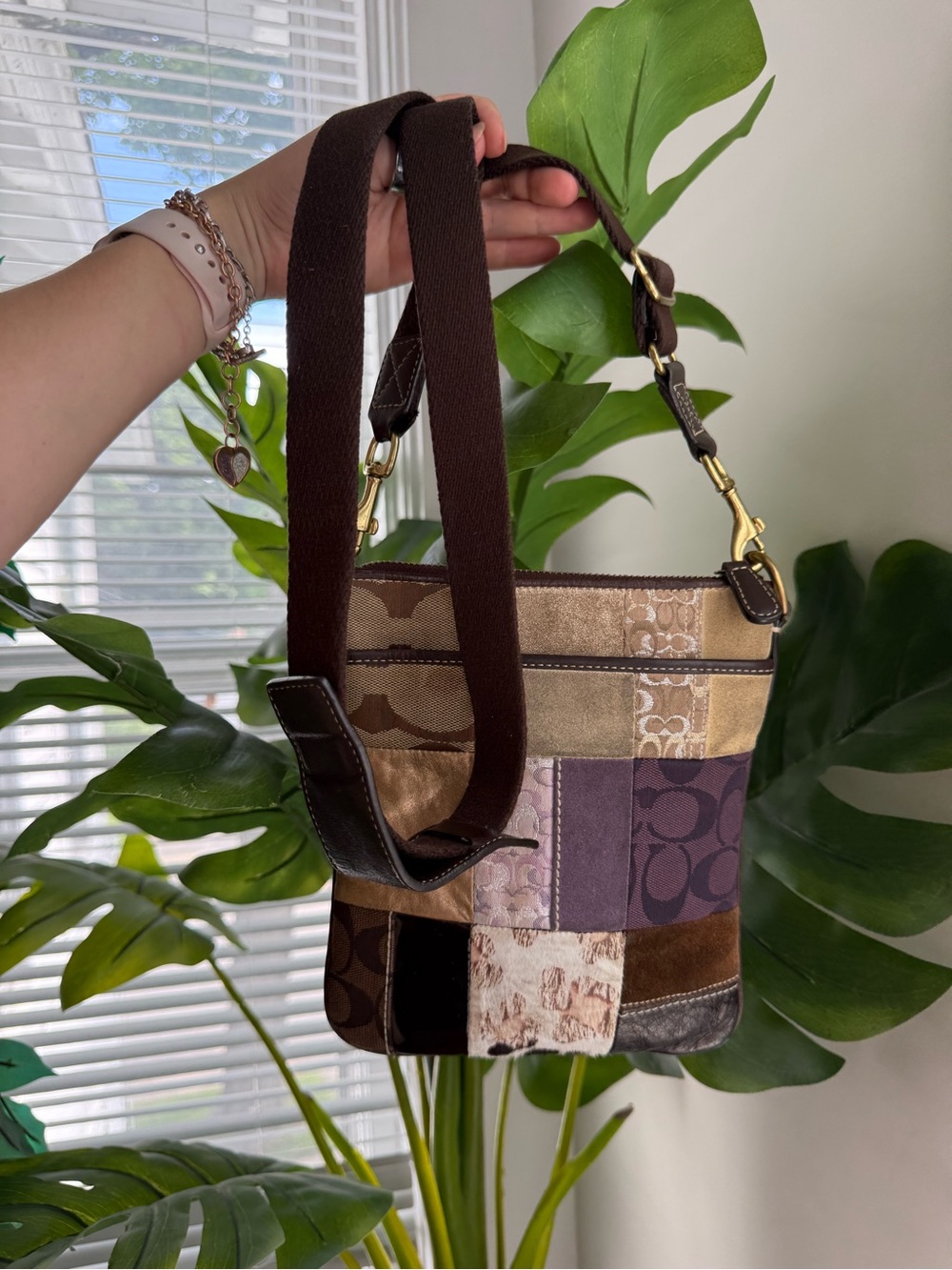 Coach Patchwork Signature Crossbody in Brown and Purple Tones